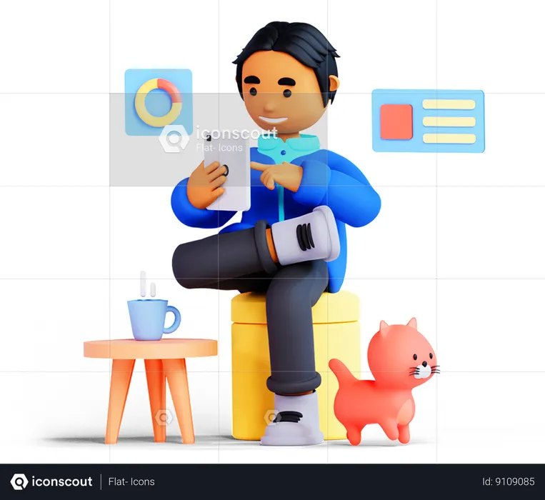 O homem está trabalhando em casa  3D Illustration