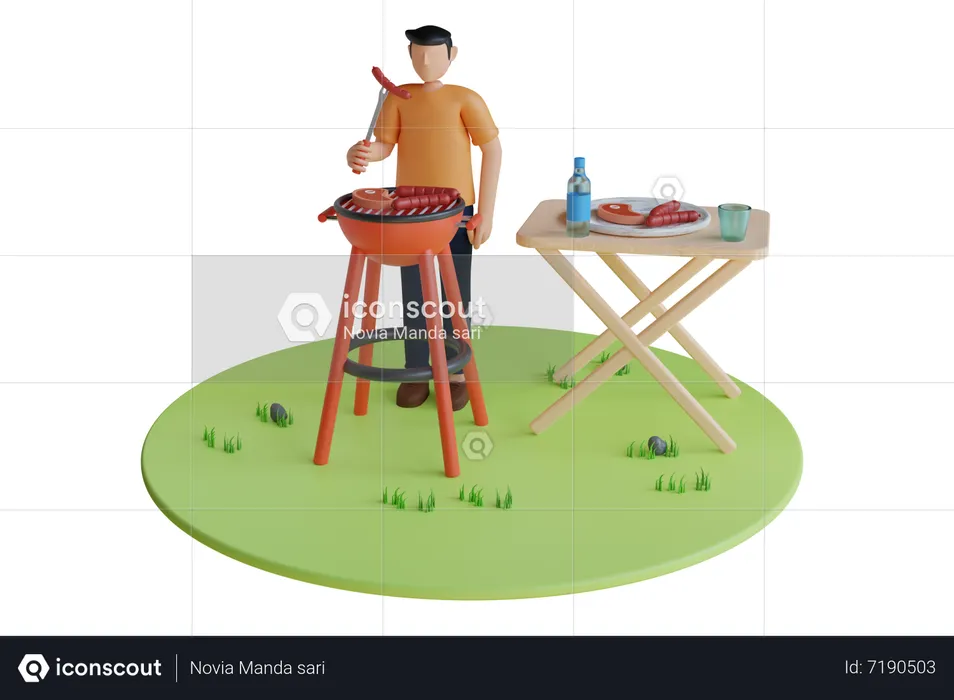 Homem fazendo churrasco no quintal  3D Illustration