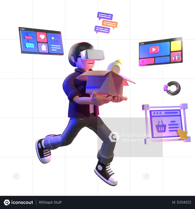 Homem fazendo compras on-line usando tecnologia VR  3D Illustration