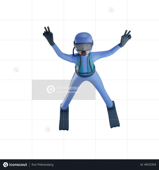 Homem praticando mergulho com pose de vitória  3D Illustration