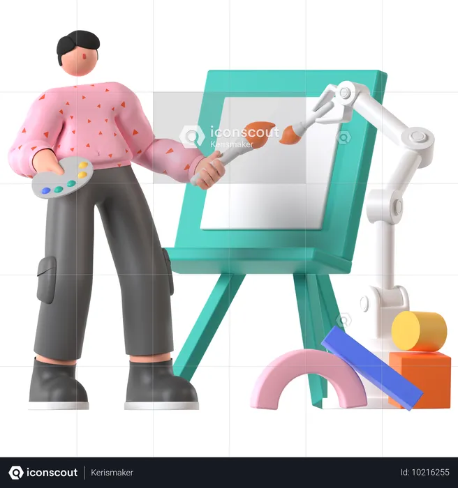 Homem gerando imagem usando robô  3D Illustration