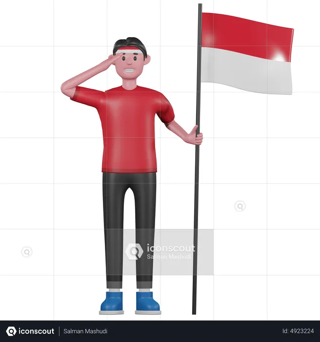 Homem indonésio fazendo saudação e segurando a bandeira da Indonésia  3D Illustration