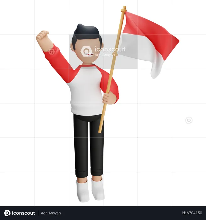 Homem indonésio segurando a bandeira da Indonésia  3D Illustration