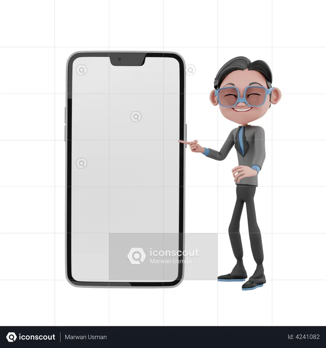 Homem mostrando a tela do celular em branco  3D Illustration