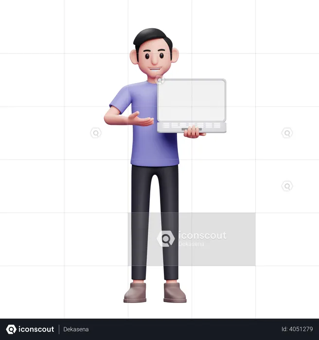 Homem mostrando a tela do laptop  3D Illustration