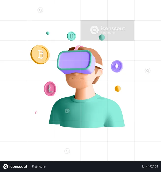 Homem procurando arte NFT usando VR  3D Illustration