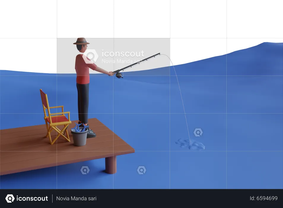 Homem pescando no lago  3D Illustration