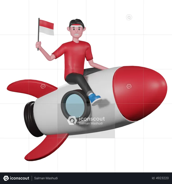 Homem andando de foguete e segurando a bandeira da Indonésia  3D Illustration