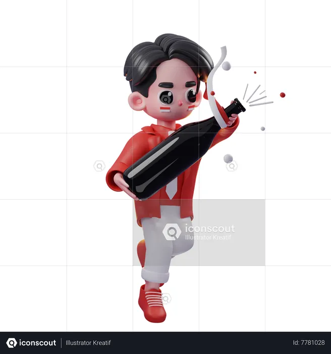 Homem segurando champanhe no dia da independência da Indonésia  3D Illustration