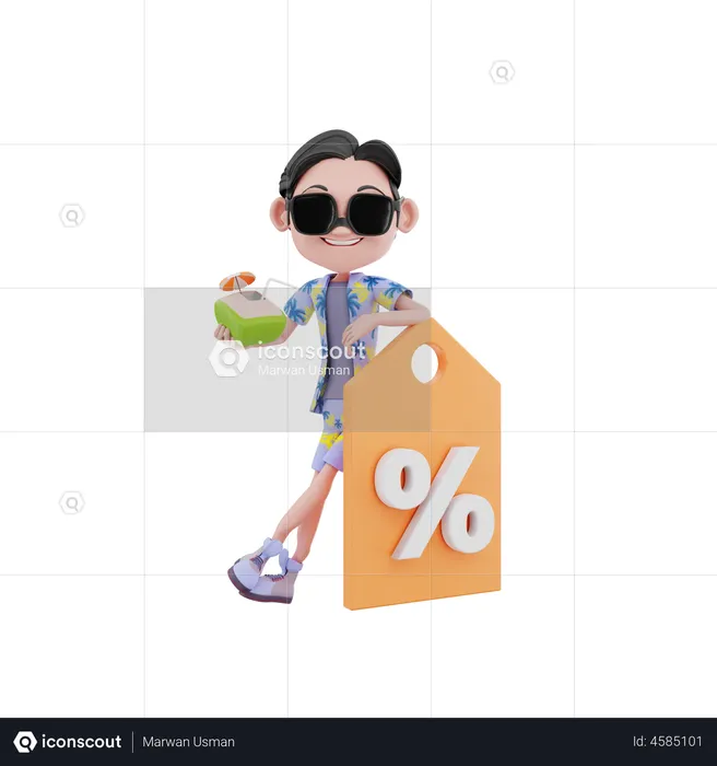 Homem segurando etiqueta de desconto e coco  3D Illustration