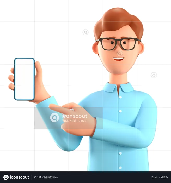 Homem segurando smartphone e mostrando tela em branco  3D Illustration