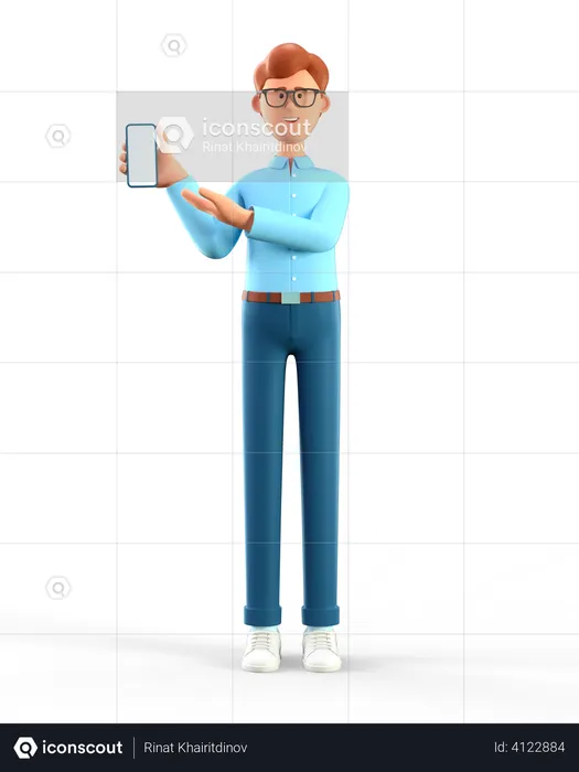 Homem segurando smartphone e mostrando na tela  3D Illustration