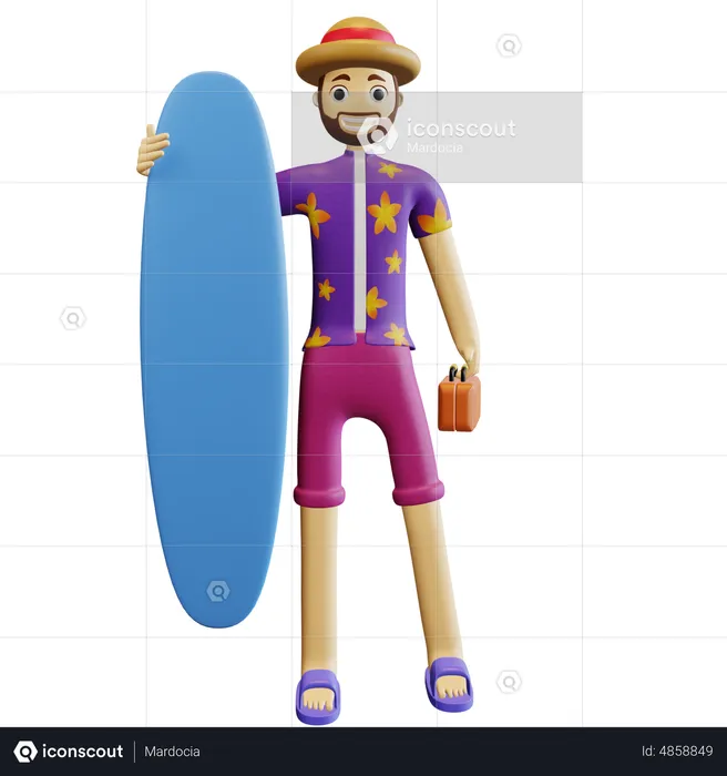 Homem segurando uma prancha de surf  3D Illustration