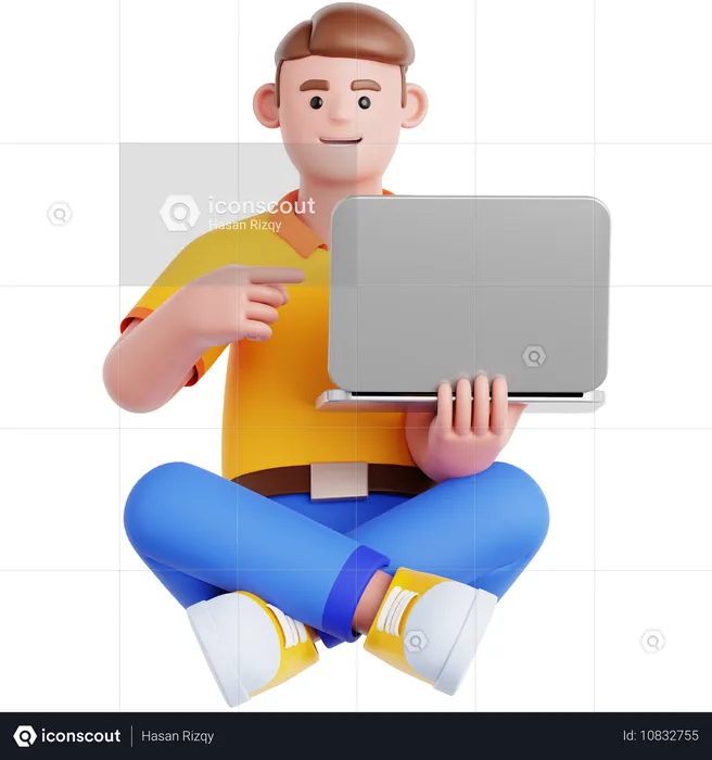 Homem sentado no chão apontando para o laptop  3D Illustration