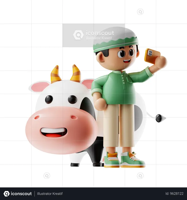 Homem tira selfie com sua vaca  3D Illustration