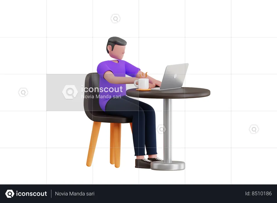 Homem trabalhando no laptop no café  3D Illustration