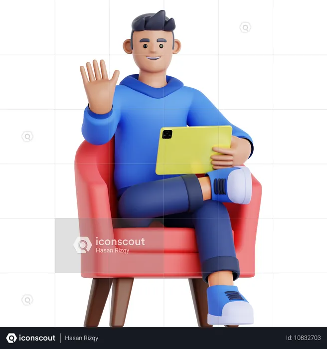 Homem usando tablet no sofá  3D Illustration