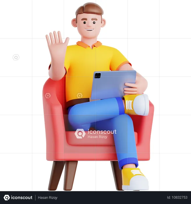 Homem usando tablet no sofá  3D Illustration