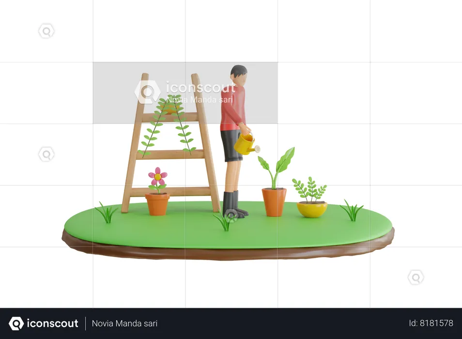 Homme arrosant des plantes  3D Illustration