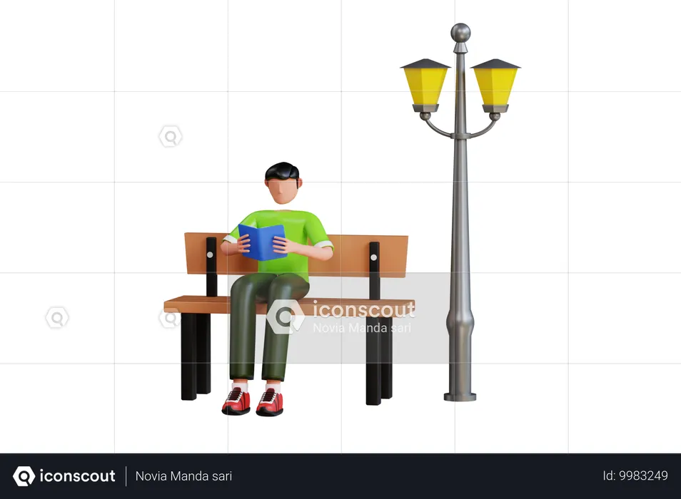 Homme assis sur un banc dans le jardin et lisant un livre  3D Illustration