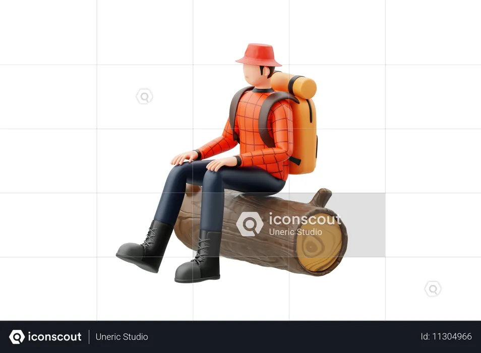 Homme assis sur une bûche de bois  3D Illustration