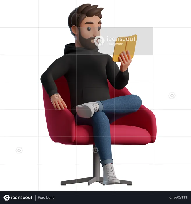 Homme assis sur une chaise en lisant un livre  3D Illustration