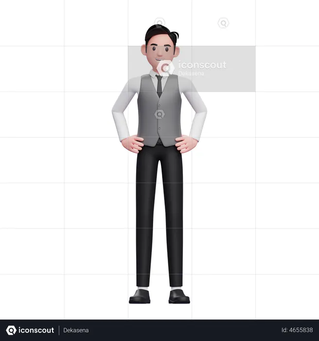 Homme avec la main sur la taille portant un gilet de bureau gris  3D Illustration