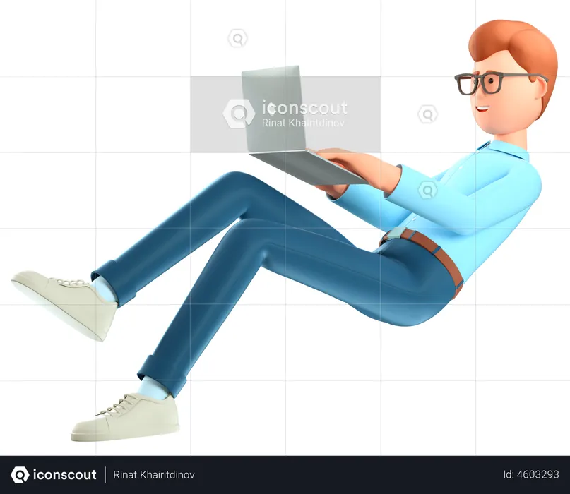 Homme avec un ordinateur portable volant dans les airs  3D Illustration