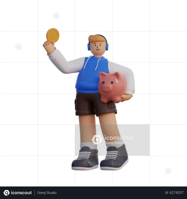 Homme avec pièce de monnaie et tirelire  3D Illustration