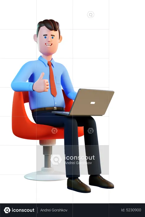 Homme avec un ordinateur portable assis sur une chaise et approuve avec le pouce vers le haut  3D Illustration