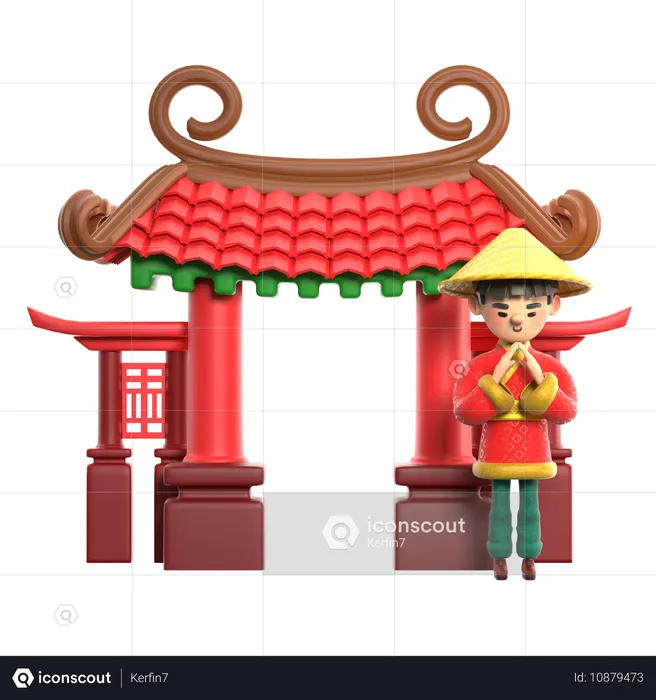 Homme chinois debout devant une porte chinoise  3D Illustration