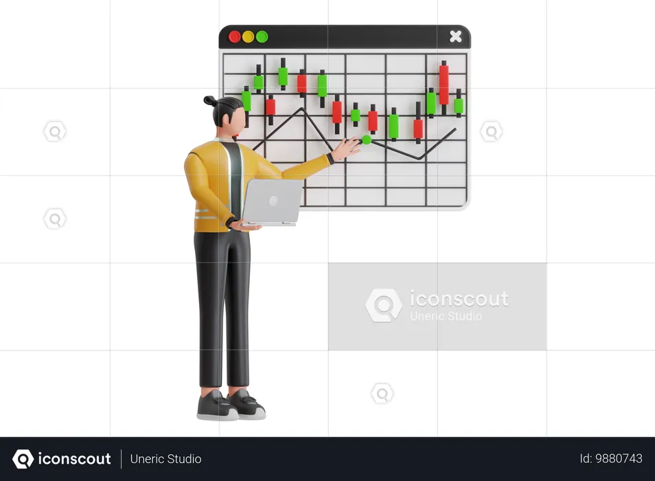 Homme d'affaires analysant les graphiques boursiers  3D Illustration