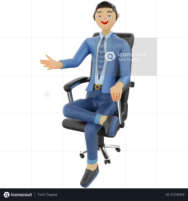 Homme d'affaires assis dans une chaise de bureau avec pose de bienvenue  3D Illustration