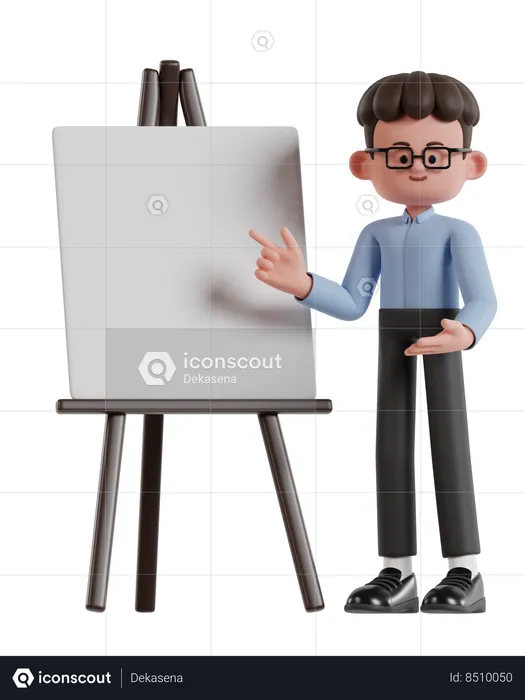 Homme d'affaires aux cheveux bouclés pointant sur le tableau de présentation  3D Illustration