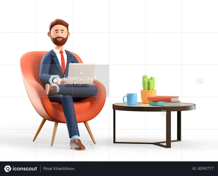 Homme d'affaires avec un ordinateur portable assis dans un bureau  3D Illustration