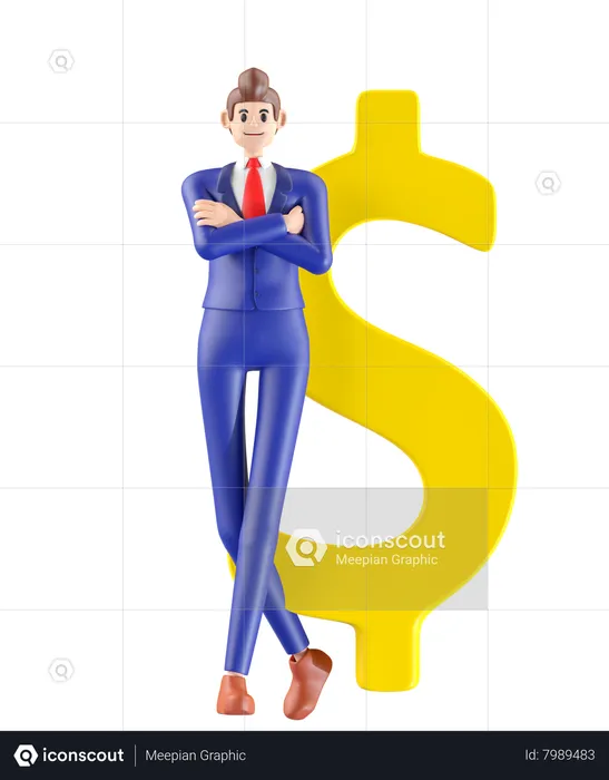 Homme d'affaires debout à côté du signe de la monnaie  3D Illustration