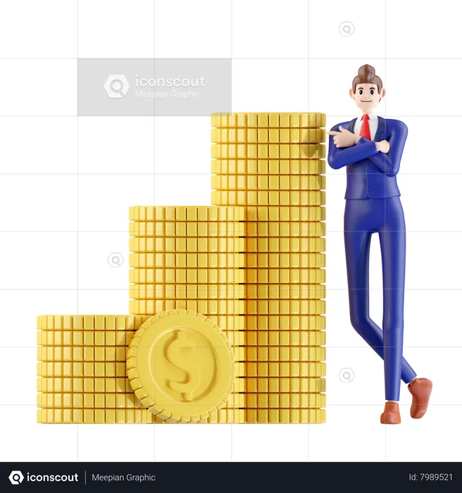 Homme d'affaires debout à côté de beaucoup de pièces de monnaie  3D Illustration