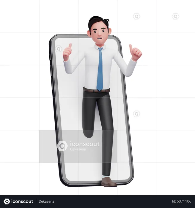 Un homme d'affaires en chemise blanche apparaît de l'intérieur de l'écran du téléphone tout en levant le pouce  3D Illustration