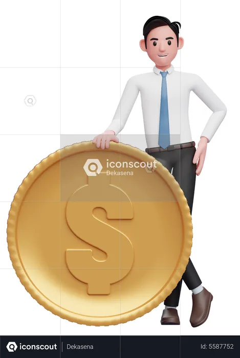 Homme d'affaires en chemise blanche cravate bleue debout avec les jambes croisées et tenant la pièce de monnaie  3D Illustration