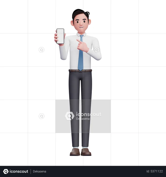 Homme d'affaires en chemise blanche cravate bleue pointant vers l'écran du téléphone  3D Illustration