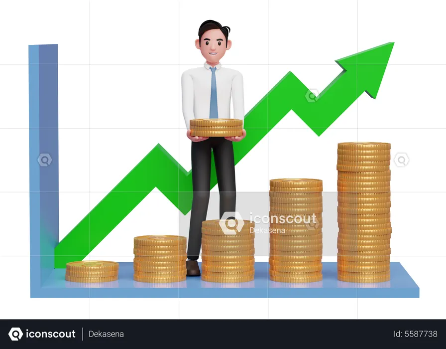 Homme d'affaires en chemise blanche cravate bleue faisant un graphique à barres statistique avec une pile de pièces d'or  3D Illustration