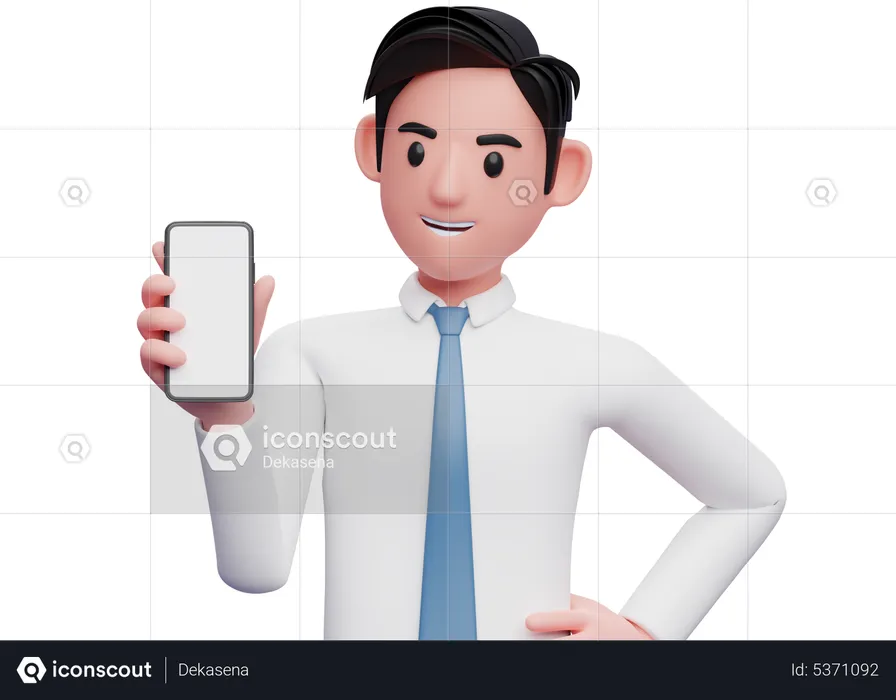 Homme d'affaires en chemise blanche tenant et regardant le téléphone avec la main gauche sur la taille  3D Illustration