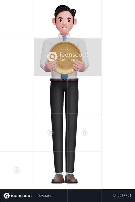 Homme d'affaires en chemise blanche tenant une pièce d'un dollar  3D Illustration