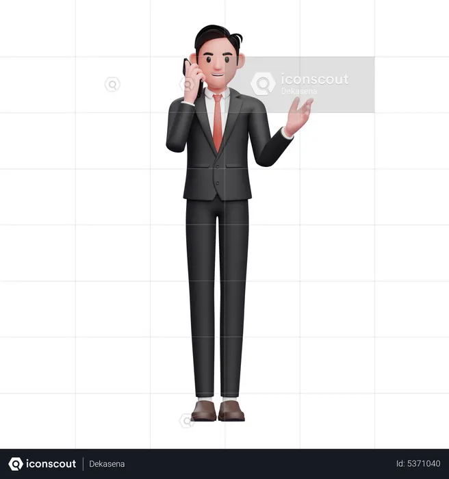 Un homme d'affaires en costume noir passe un appel avec un téléphone portable avec un geste de la main ouverte  3D Illustration