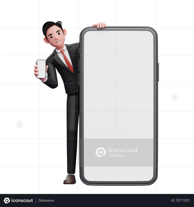 Homme d'affaires en costume noir debout derrière un gros téléphone portable tout en montrant l'écran du téléphone  3D Illustration