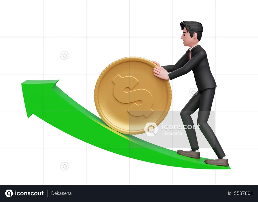 Homme d'affaires en costume formel noir poussant la pièce d'or en dollars vers le haut de la flèche verte croissante  3D Illustration