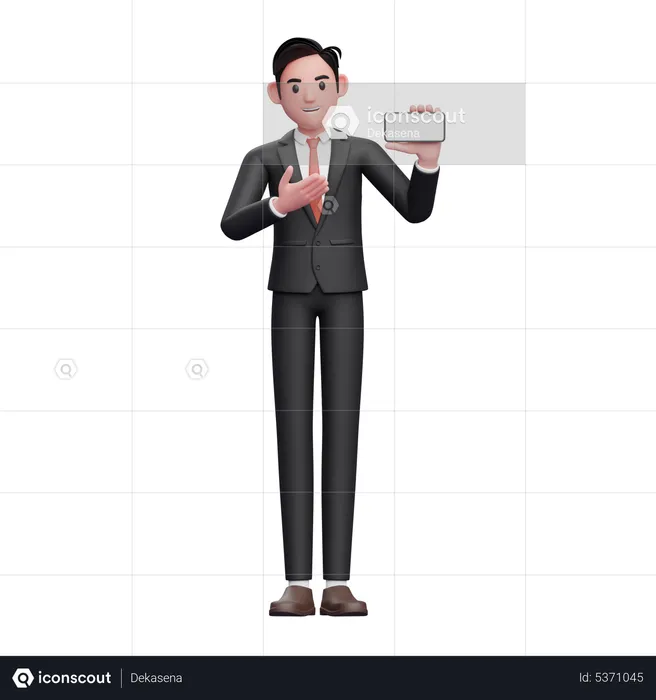 Homme d'affaires en costume formel noir présentant un écran de téléphone paysage  3D Illustration