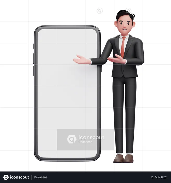 Homme d'affaires en costume noir présentant un gros téléphone portable avec écran blanc  3D Illustration