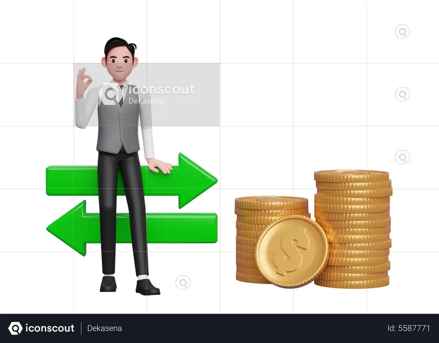 Homme d'affaires en gilet gris assis sur un ornement de taux de change avec un geste de la main, doigt ok  3D Illustration