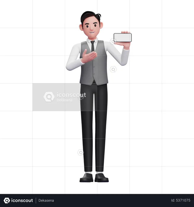 Homme d'affaires en gilet gris présentant un écran de téléphone paysage  3D Illustration